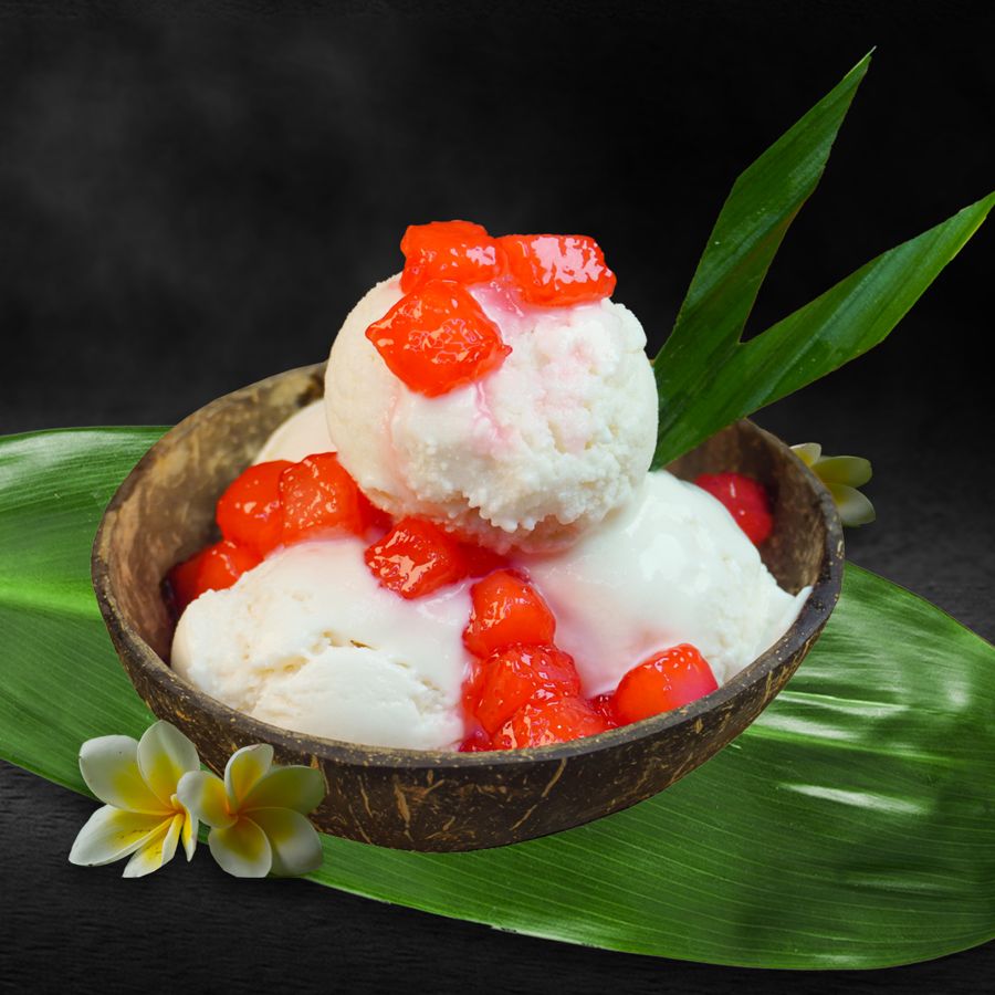 Creamy Coconut Ice Cream Topped with Thai Ruby