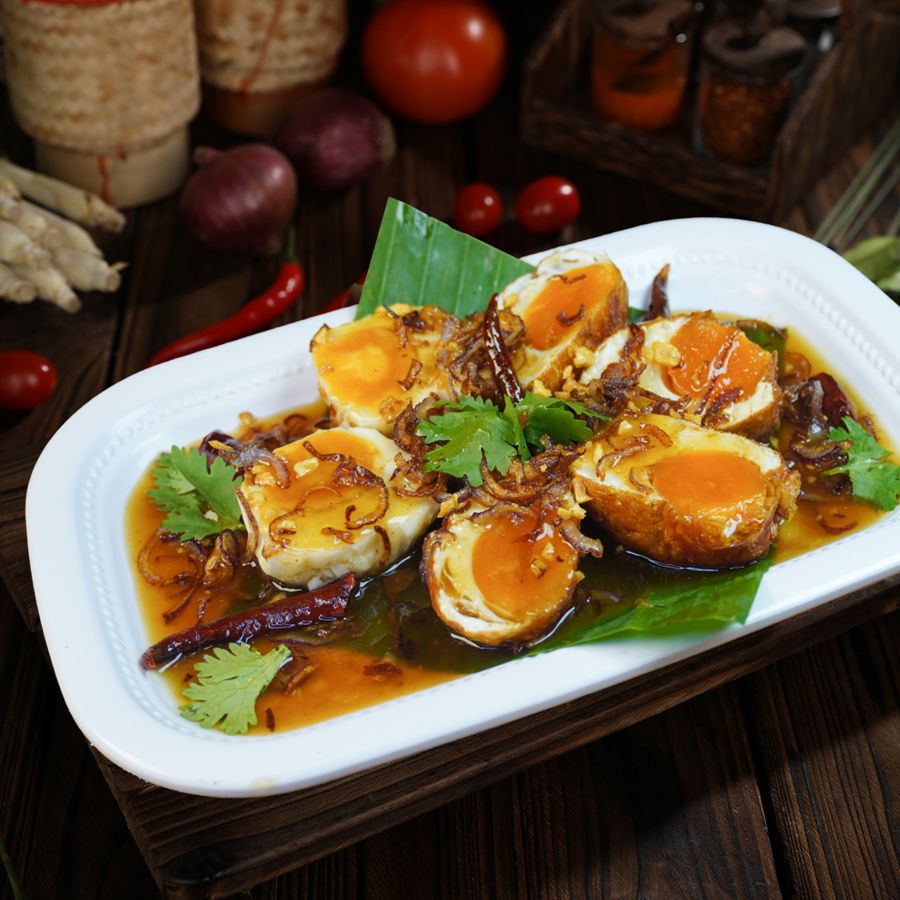 Crispy Golden Fried Boiled Eggs with Fried Shallot & Dried Chillis