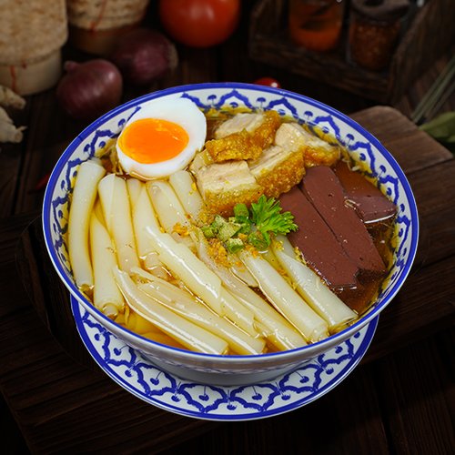 Thai Spiced Broth Served with Rolled Rice Noodle with Roasted Pork (Kuey Jab)