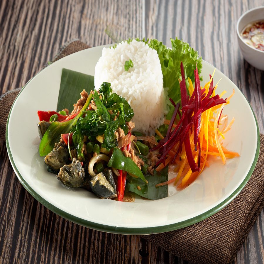 Spicy Stir-Fried Basil Leaves with Minced Pork & Century Egg
