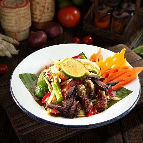 Spicy Papaya Salad with Raw Field Crab & Fermented Fish Sauce (Som Tum Pu Pla Ra)